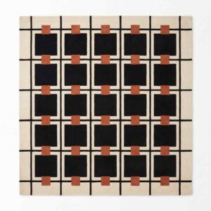 Modern geometric area rug featuring a striking pattern of bold black squares and terracotta connecting accents on a cream background.