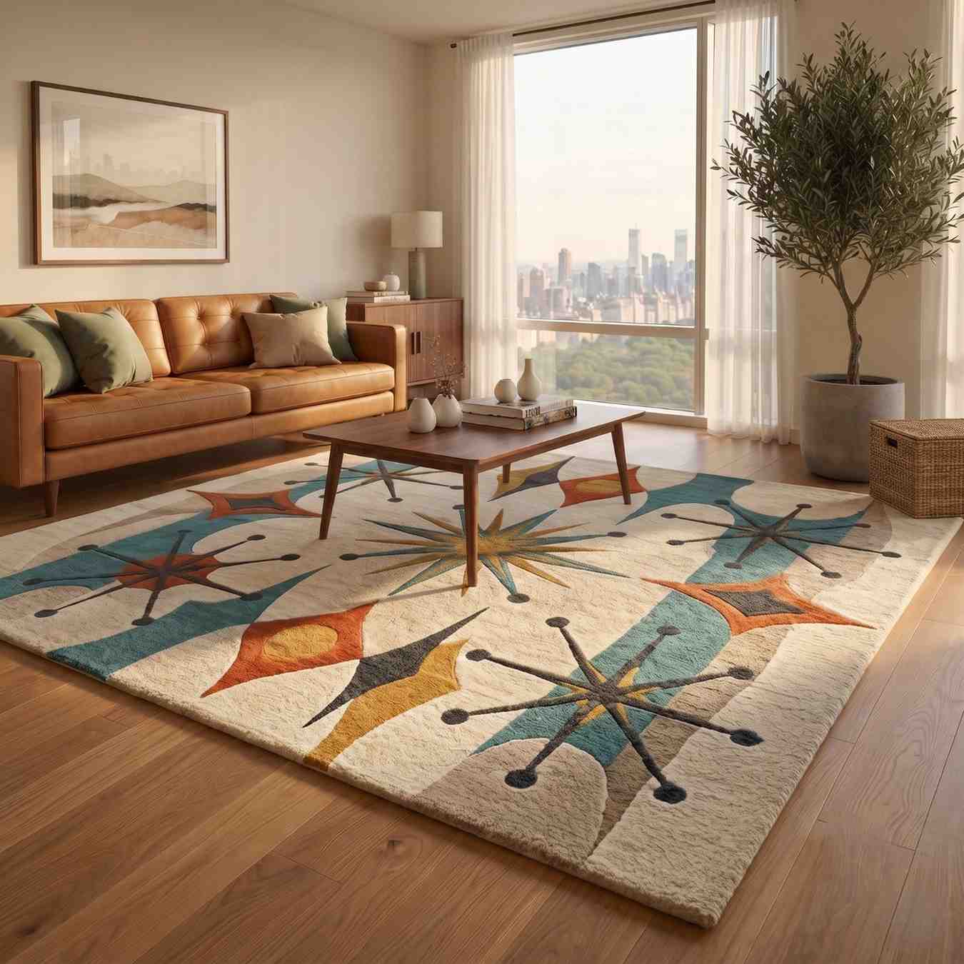 Retro Mid-Century Modern Rug – Hand-Tufted Geometric Starburst Area Rug