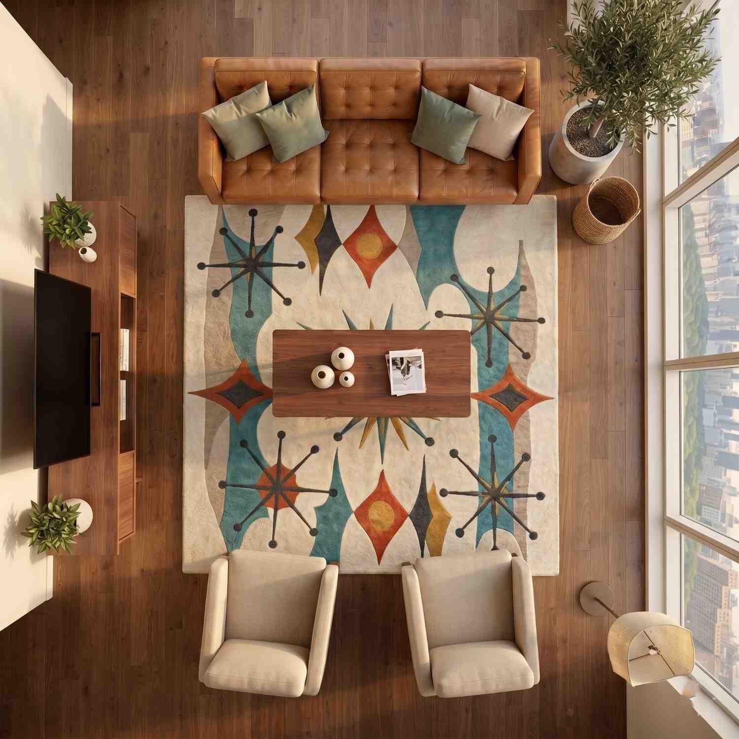 Retro Mid-Century Modern Rug – Hand-Tufted Geometric Starburst Area Rug