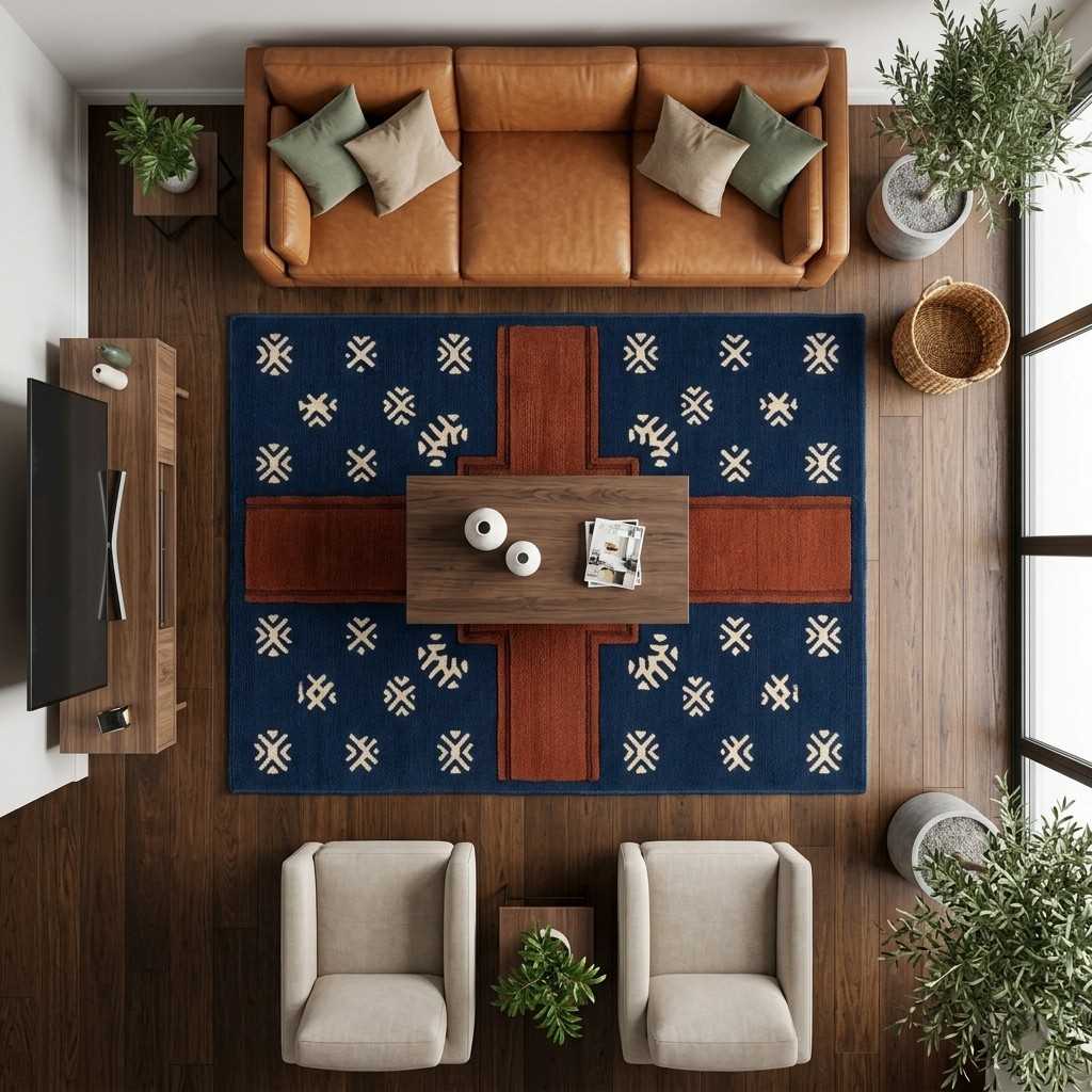 Southwestern geometric area rug featuring a large stepped rust cross and cream tribal star motifs on a deep navy blue background.