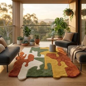 Premium abstract irregular area rug featuring puzzle-like organic shapes in cream, green, mustard yellow, and terracotta on a modern balcony.