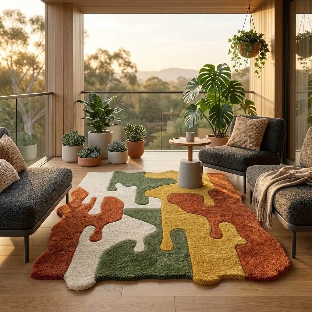 Premium abstract irregular area rug featuring puzzle-like organic shapes in cream, green, mustard yellow, and terracotta on a modern balcony.