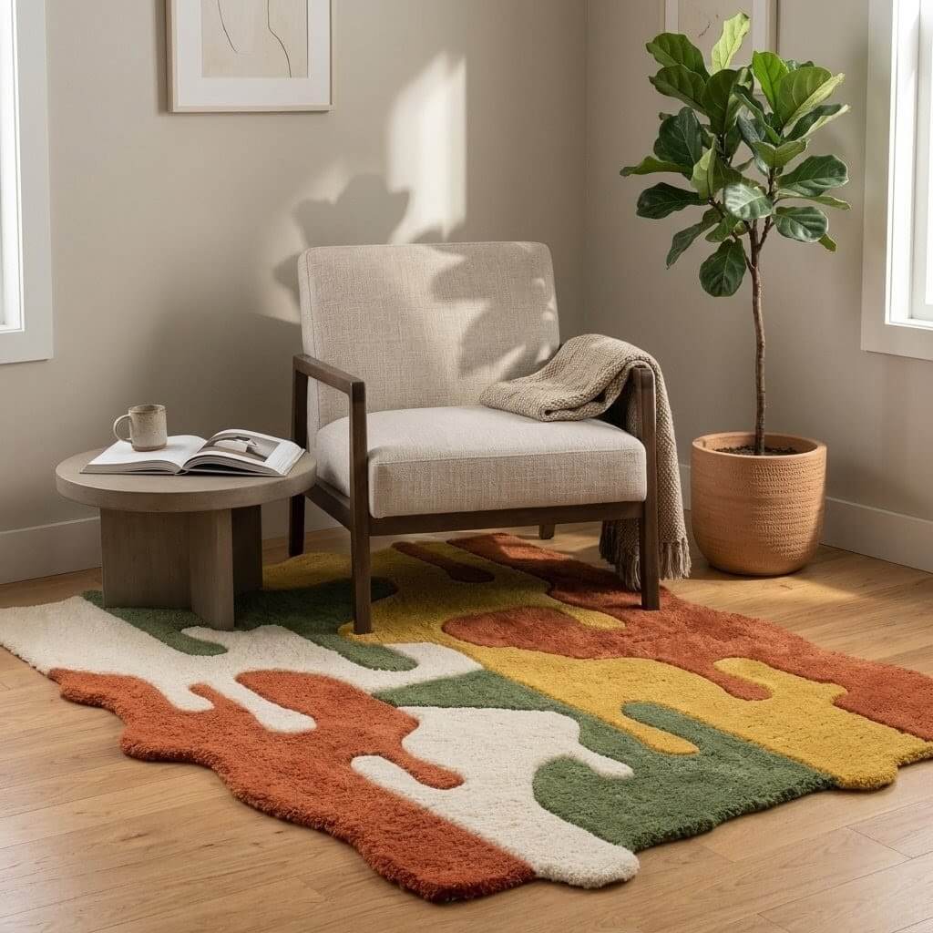 Premium Abstract Irregular Area Rug – Cream, Green, Mustard & Terracotta - Image 3