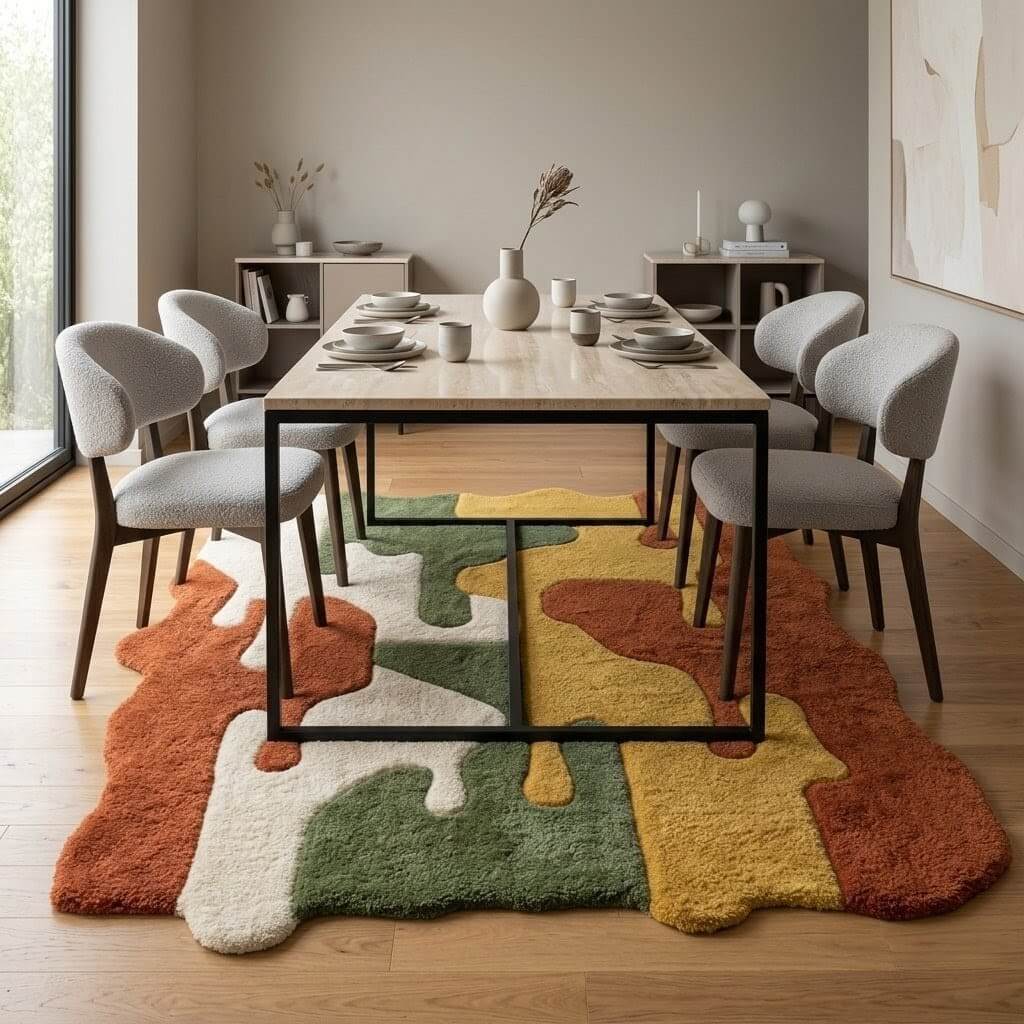 Premium Abstract Irregular Area Rug – Cream, Green, Mustard & Terracotta - Image 4