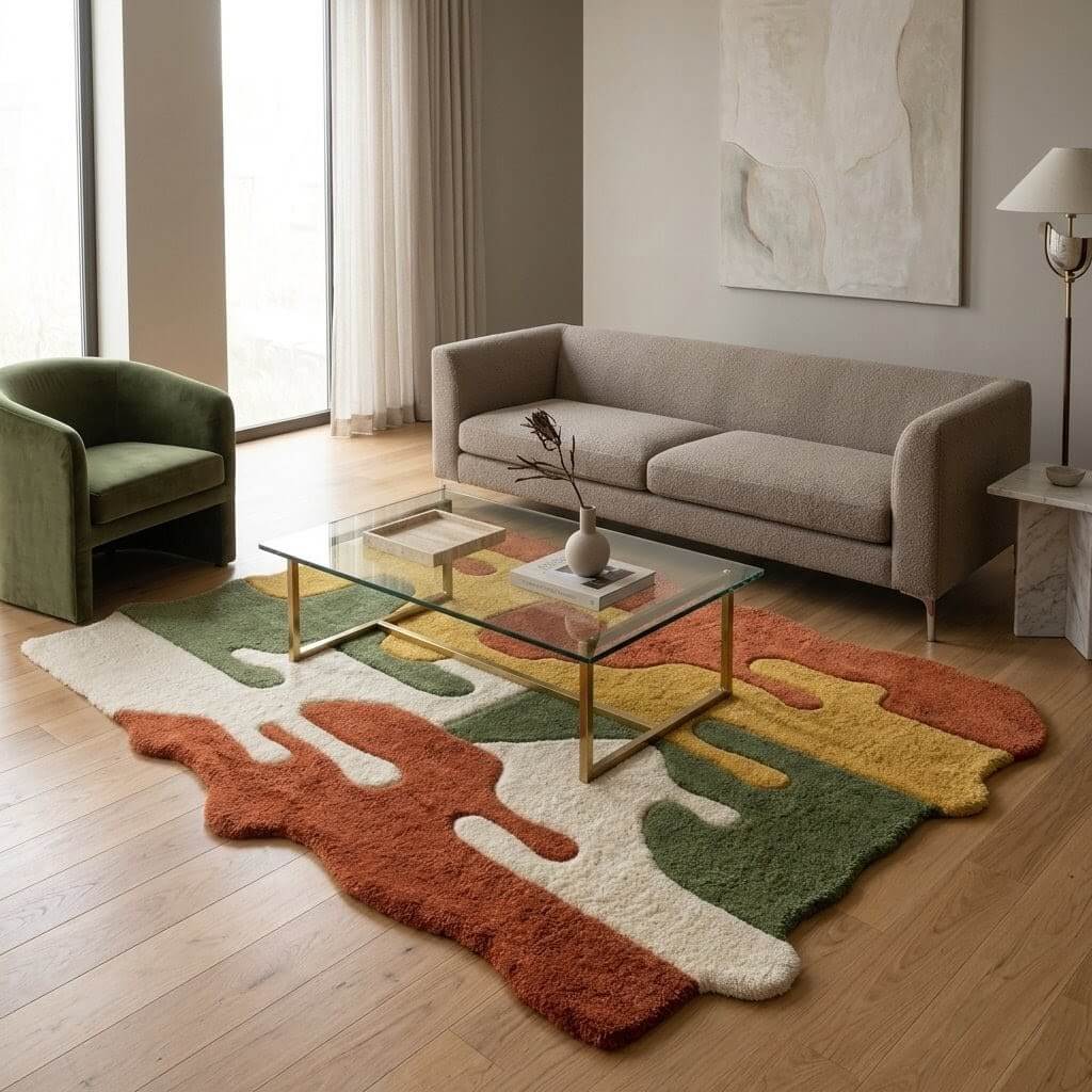 Premium Abstract Irregular Area Rug – Cream, Green, Mustard & Terracotta - Image 5