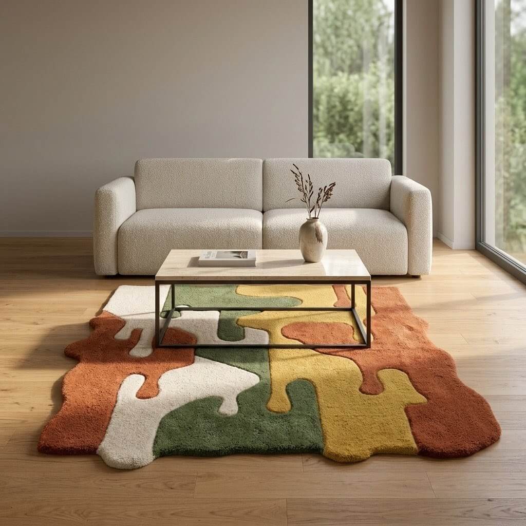 Premium Abstract Irregular Area Rug – Cream, Green, Mustard & Terracotta - Image 6