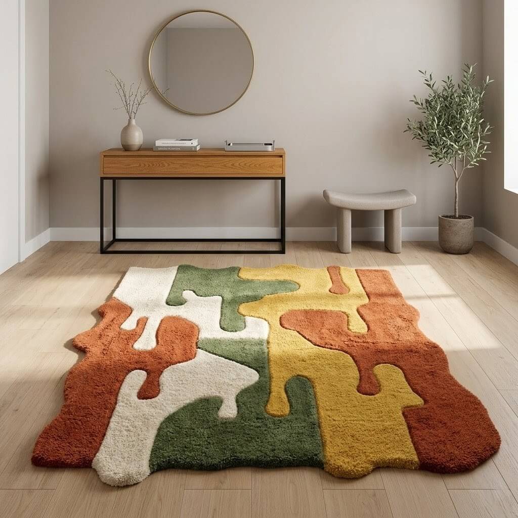 Premium Abstract Irregular Area Rug – Cream, Green, Mustard & Terracotta - Image 7