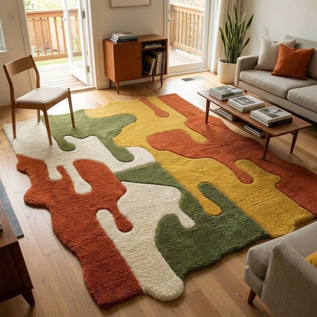 Premium Abstract Irregular Area Rug – Cream, Green, Mustard & Terracotta - Image 9