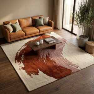 Modern abstract brushstroke area rug featuring a sweeping painted design in rust terracotta and blush pink on a cream background.