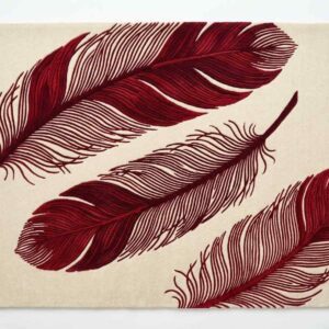 Burgundy botanical area rug featuring three large, detailed feather or fern leaves in deep red on a soft cream background.