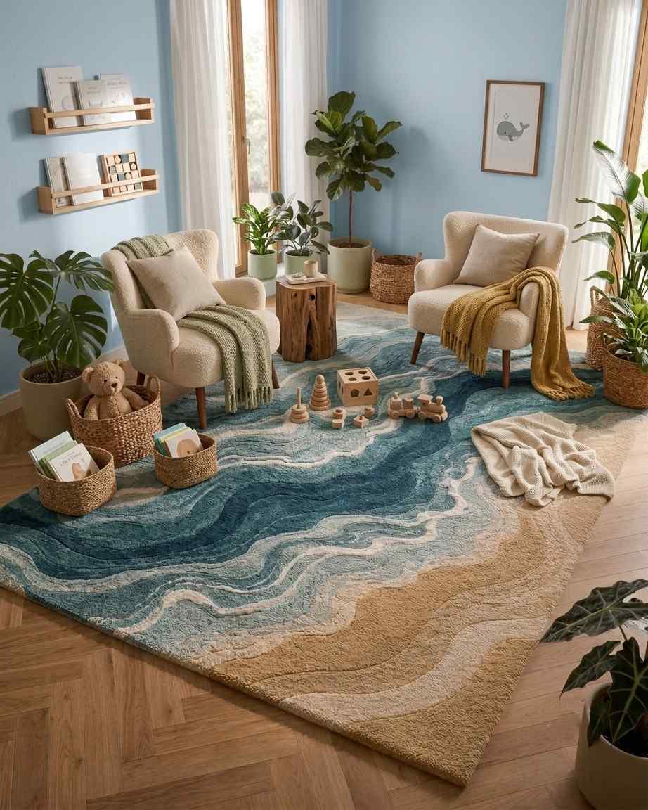 Coastal ocean wave area rug featuring a textured abstract beach design in deep blue, teal, and sandy beige in a bright, modern living room.
