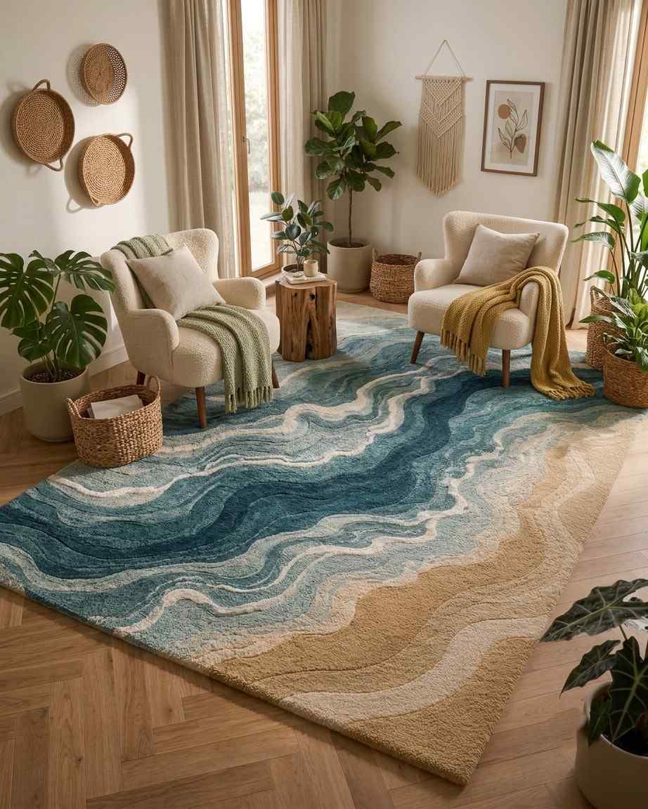 Coastal Ocean Wave Area Rug – Blue, Teal & Sand - Image 3