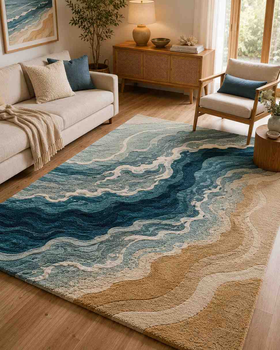 Coastal ocean wave area rug featuring a textured abstract beach design in deep blue, teal, and sandy beige in a bright, modern living room.