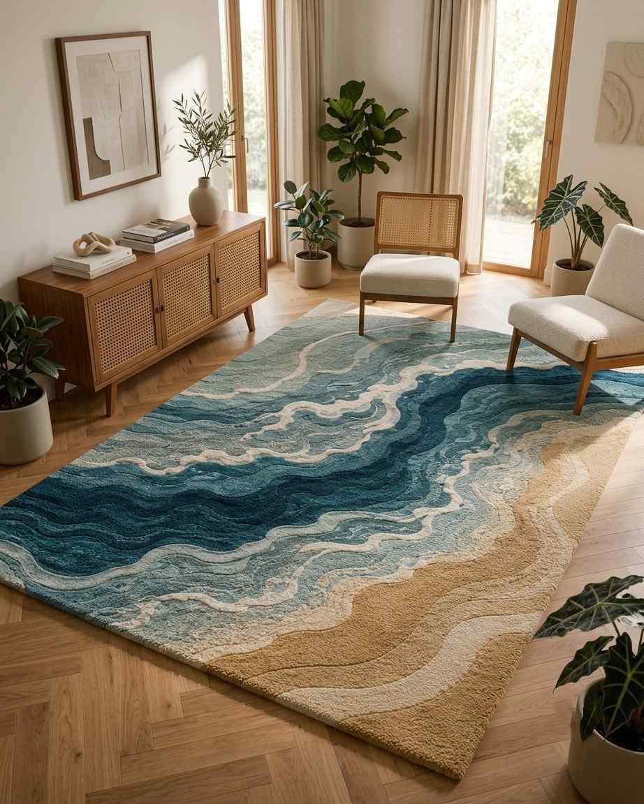 Coastal Ocean Wave Area Rug – Blue, Teal & Sand - Image 6