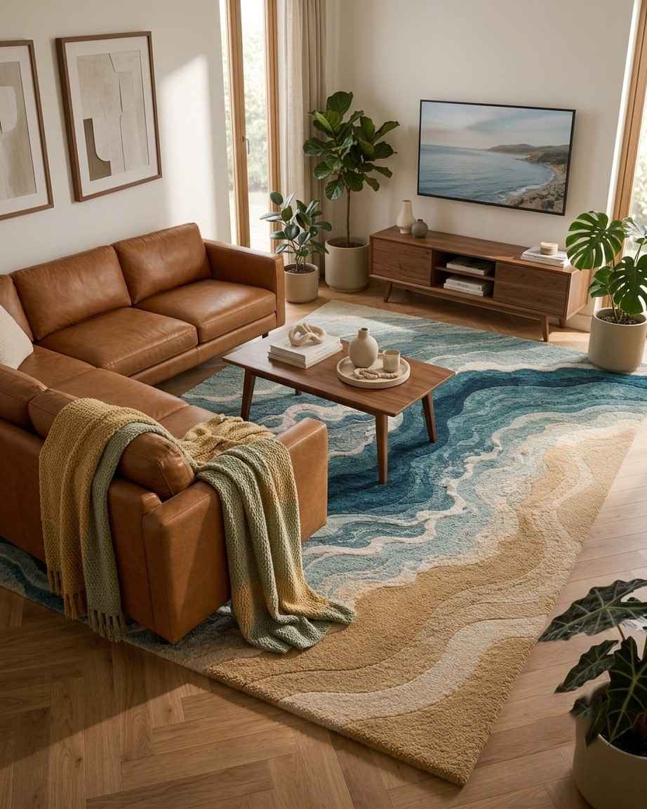 Coastal Ocean Wave Area Rug – Blue, Teal & Sand - Image 7
