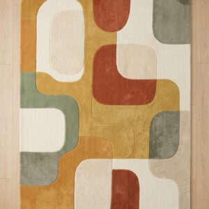 Modern abstract color block area rug featuring organic geometric shapes in mustard yellow, terracotta, sage green, and cream.