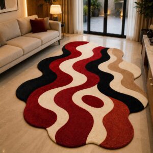 Freeform wavy area rug featuring fluid organic stripes in deep red, black, soft cream, and warm beige in a modern elegant living room.