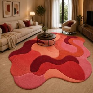 Abstract irregular area rug featuring fluid organic shapes and carved textures in vibrant red, pink, orange, and deep burgundy in a modern living room.