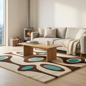 Mid-century modern area rug featuring retro brown and turquoise geometric shapes on a cream background.