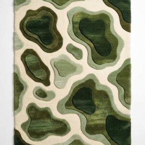 3D moss green topographic area rug featuring layered organic shapes resembling a forest floor in sage, olive, and dark forest green on a cream background.