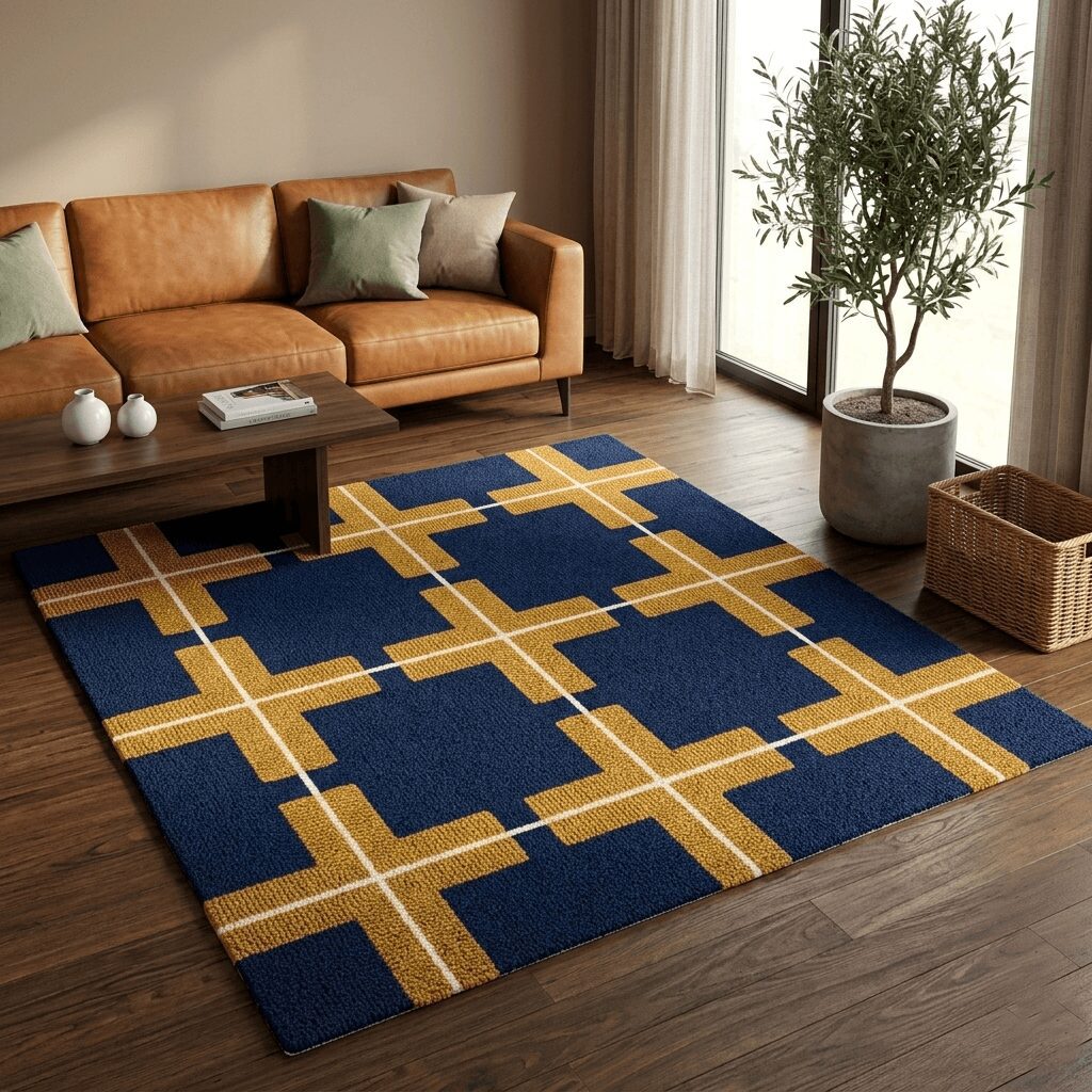 Modern navy geometric area rug featuring a structured grid of mustard gold crosses and thin cream lines on a dark blue background.
