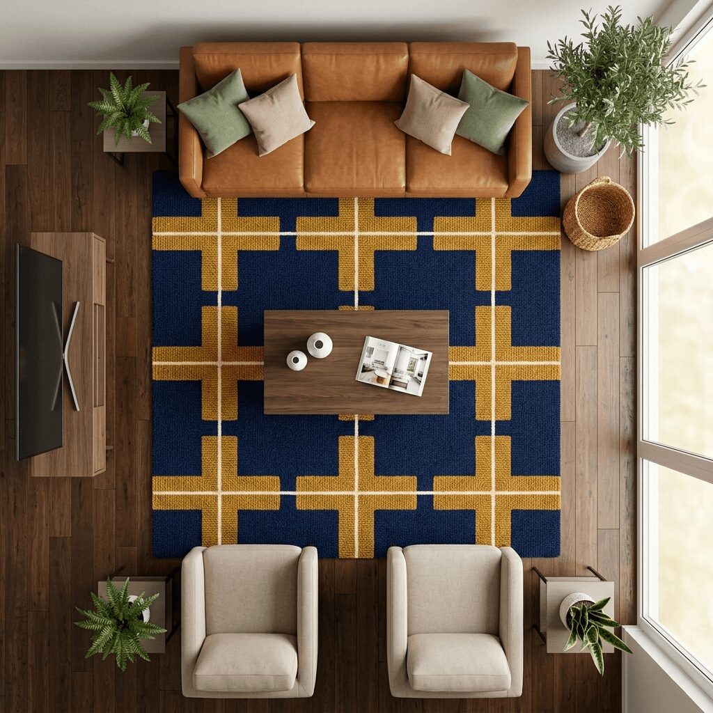 Modern Navy Geometric Area Rug – Blue & Mustard - Image 3