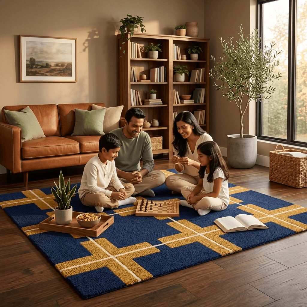 Modern Navy Geometric Area Rug – Blue & Mustard - Image 4