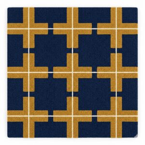 Modern navy geometric area rug featuring a structured grid of mustard gold crosses and thin cream lines on a dark blue background.