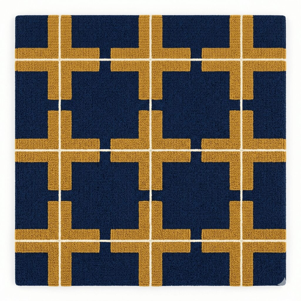 Modern navy geometric area rug featuring a structured grid of mustard gold crosses and thin cream lines on a dark blue background.