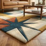 Patchwork Star Wool Rug | Charcoal Rust Mustard Geometric Area Rug | Mid Century Statement Rug
