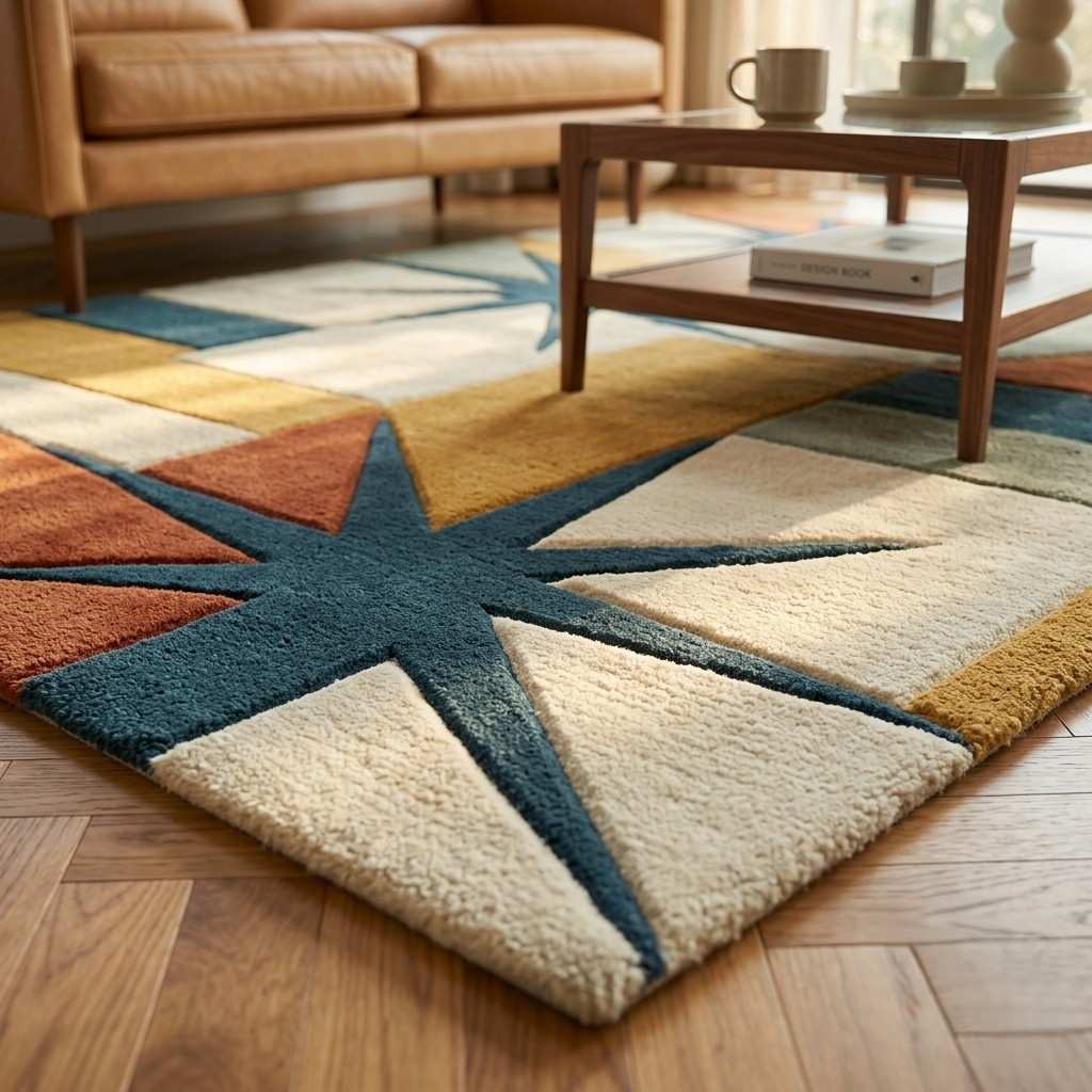 Patchwork Star Wool Rug | Charcoal Rust Mustard Geometric Area Rug | Mid Century Statement Rug