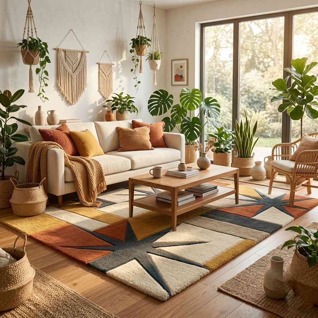 Hand Tufted Wool Rug – Sunburst Star Geometric Area Rug in Terracotta & Mustard