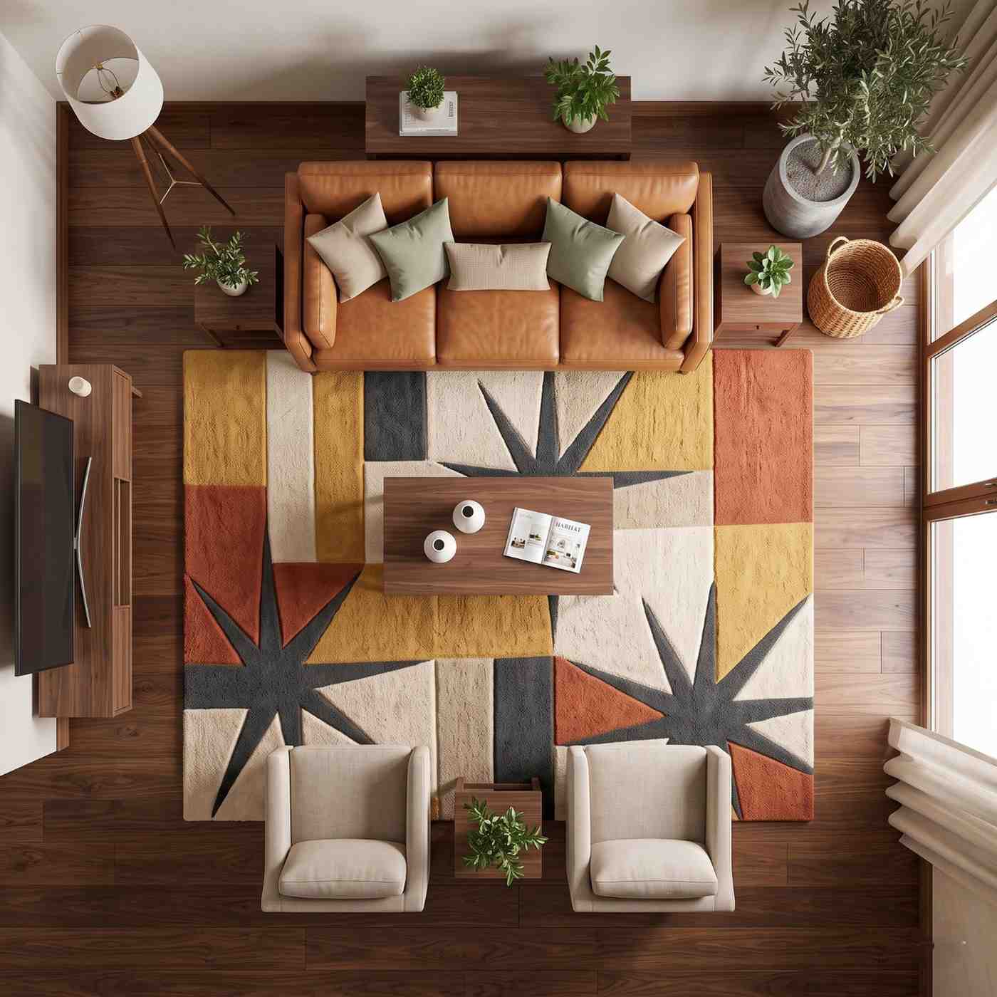 Hand Tufted Wool Rug – Sunburst Star Geometric Area Rug in Terracotta & Mustard