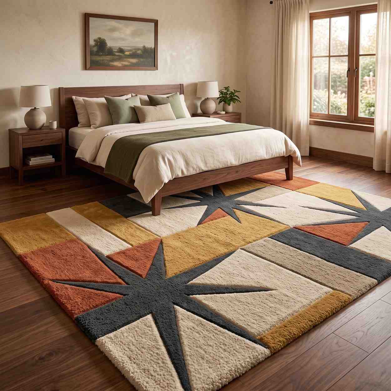 Hand Tufted Wool Rug – Sunburst Star Geometric Area Rug in Terracotta & Mustard