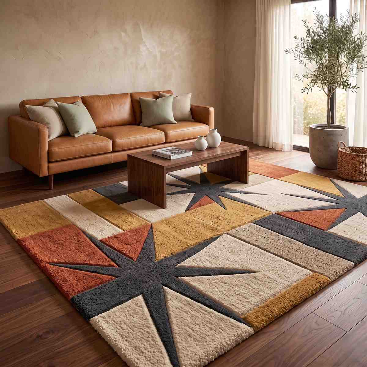 "hand tufted wool rug sunburst star design terracotta mustard living room"