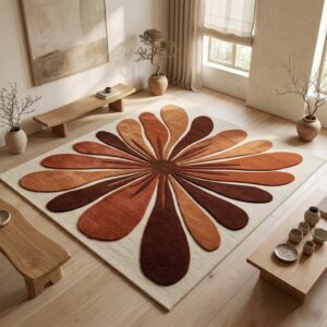 Retro floral burst area rug featuring a large stylized flower design in dark brown, terracotta, and warm orange on a cream background in a minimalist room.
