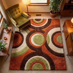 Retro geometric area rug featuring bold concentric circles in rust orange, olive green, dark brown, and cream in a mid-century modern living room.