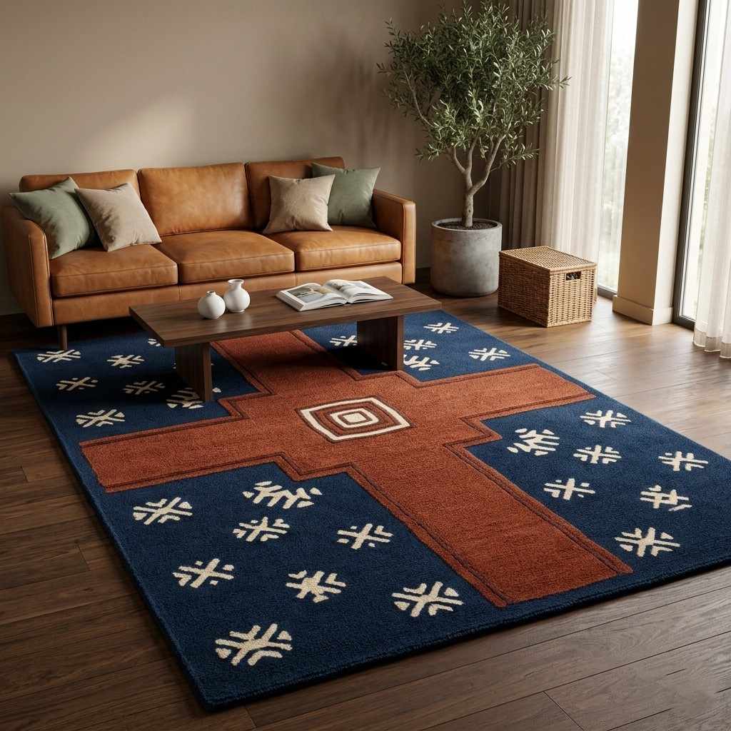 Southwestern Geometric Area Rug – Navy & Rust - Image 4