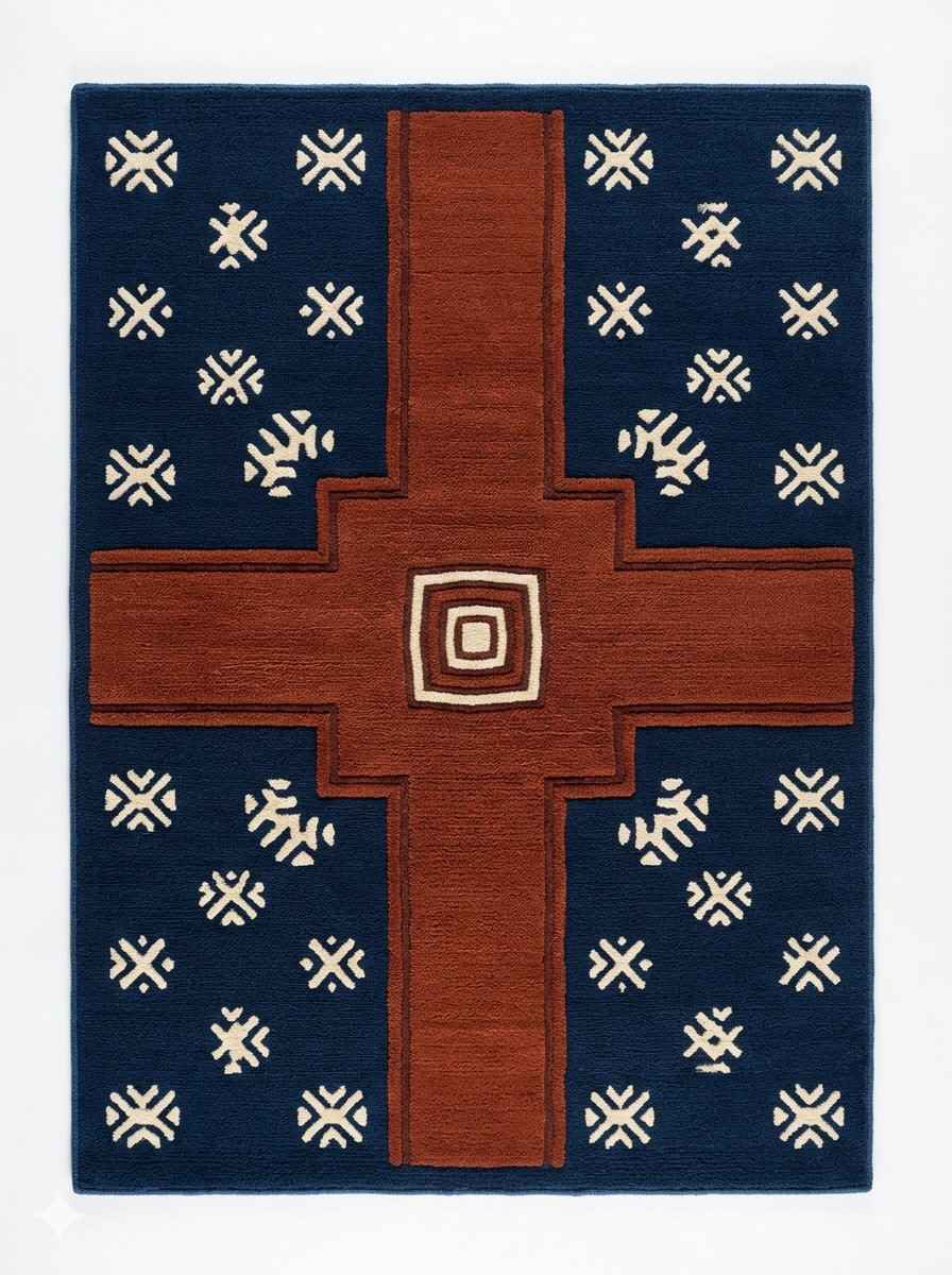 Southwestern geometric area rug featuring a large stepped rust cross and cream tribal star motifs on a deep navy blue background.