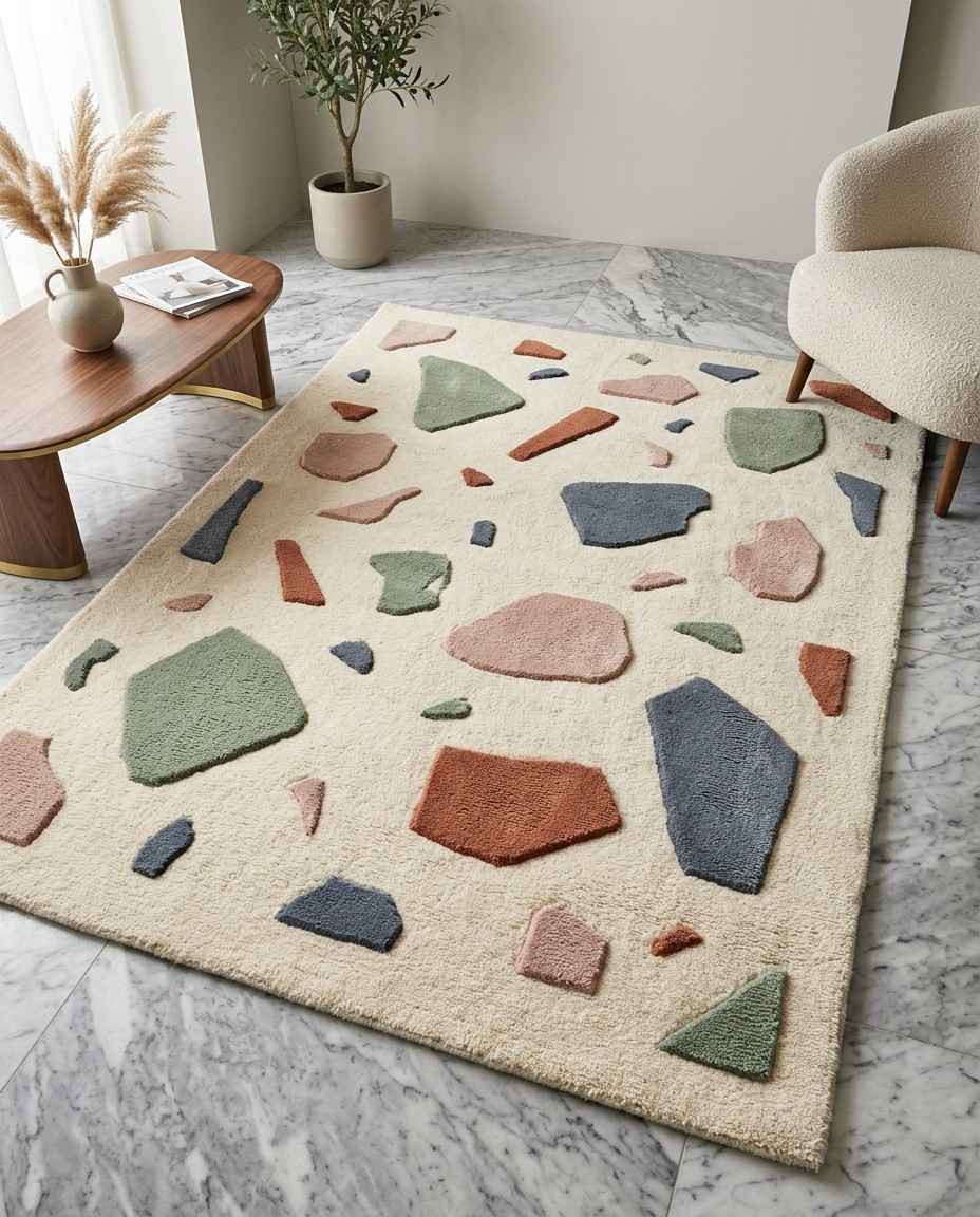 Terrazzo pattern area rug featuring scattered geometric stone shapes in pastel pink, sage green, slate blue, and terracotta on a cream background.