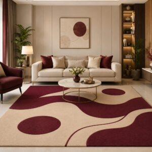 Abstract blob pattern area rug featuring organic wavy shapes and circles in deep burgundy red and soft beige in an elegant modern living room.