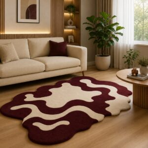 Abstract irregular wavy area rug featuring fluid organic lines and a scalloped edge in deep burgundy and soft cream in a modern living room.