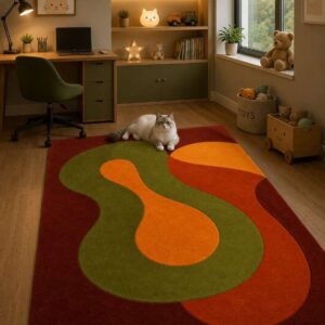 Retro abstract area rug featuring 70s inspired organic fluid shapes in deep rust red, olive green, and bright orange in a cozy room setting.