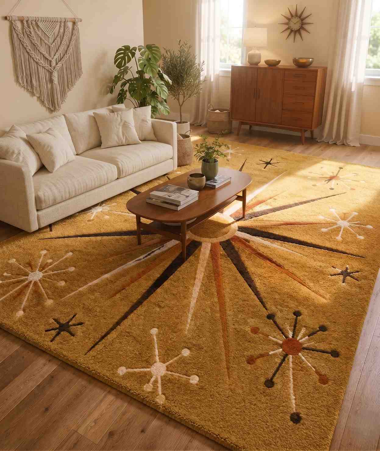 Mid-Century Modern Rug – Retro Starburst Area Rug in Atomic Mustard Yellow for Living Room & Bedroom