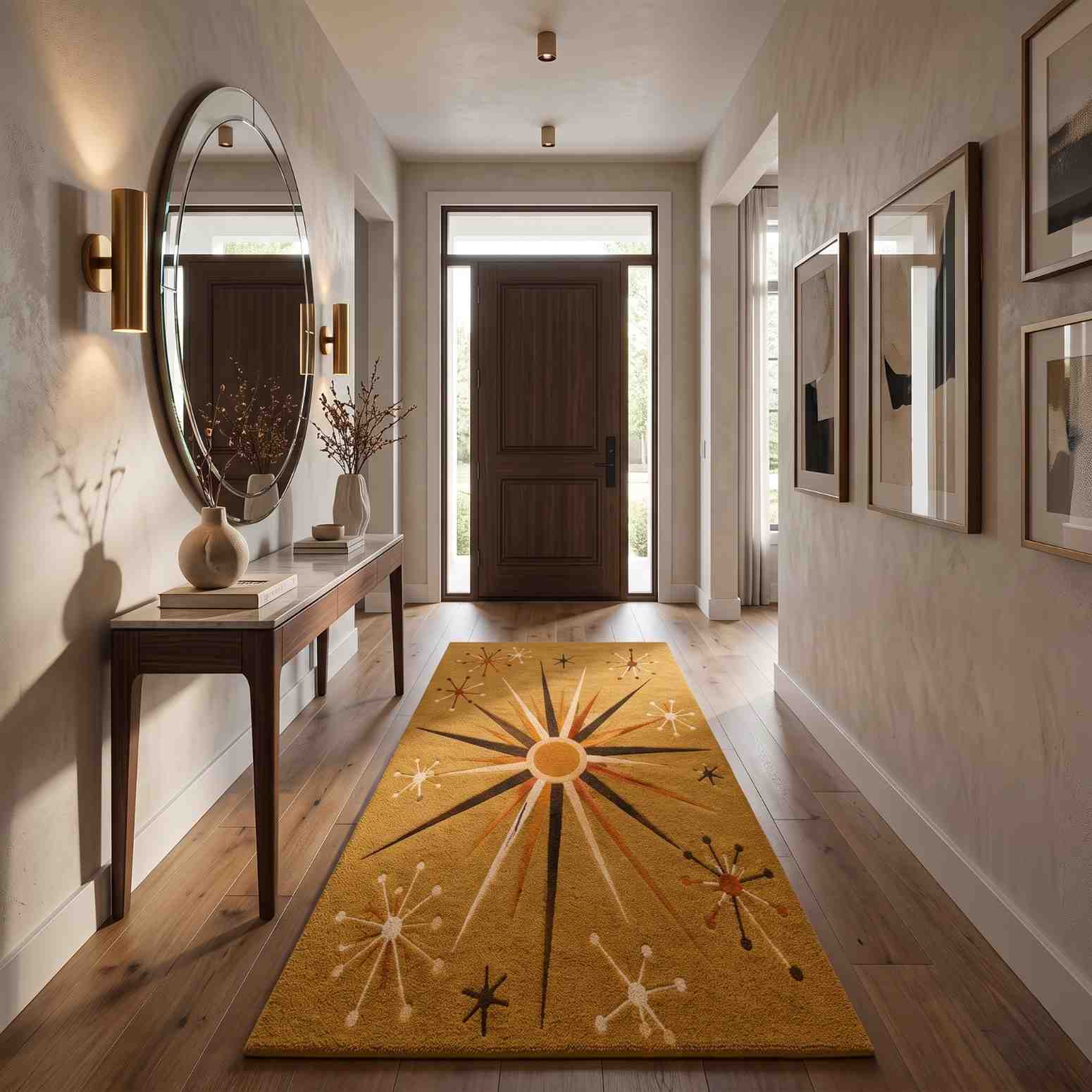 Mid-Century Modern Rug – Retro Starburst Area Rug in Atomic Mustard Yellow for Living Room & Bedroom