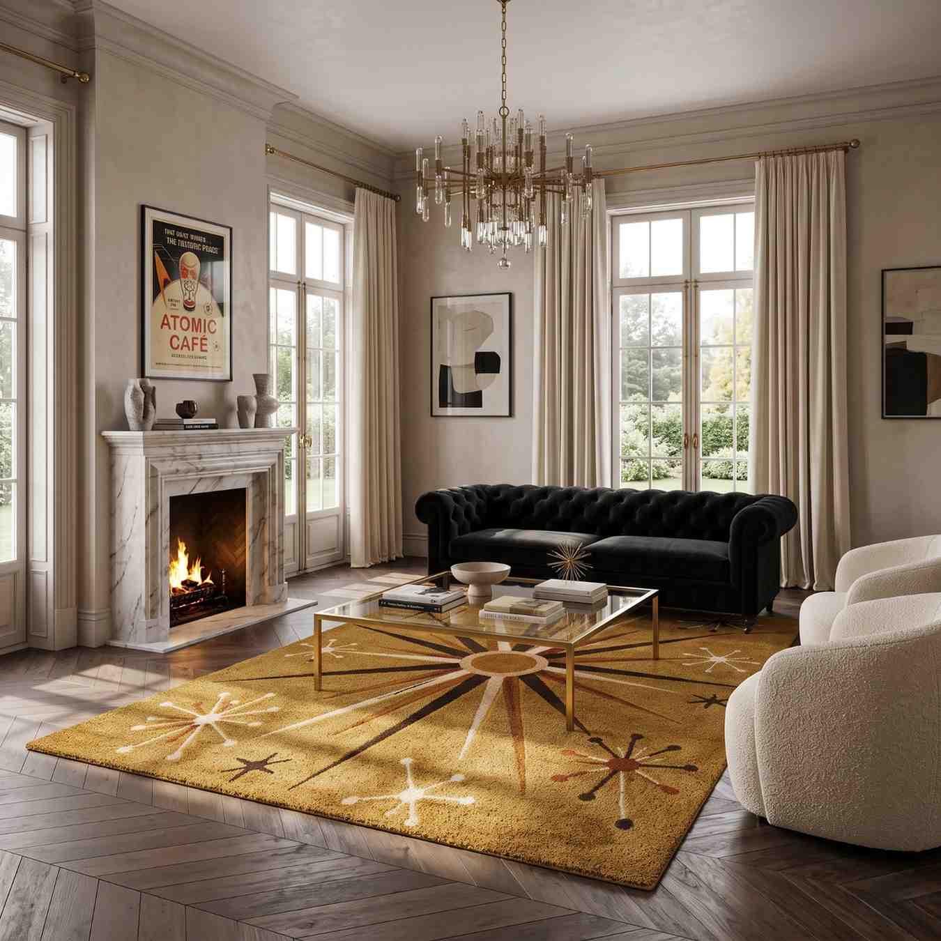 Mid-Century Modern Rug – Retro Starburst Area Rug in Atomic Mustard Yellow for Living Room & Bedroom