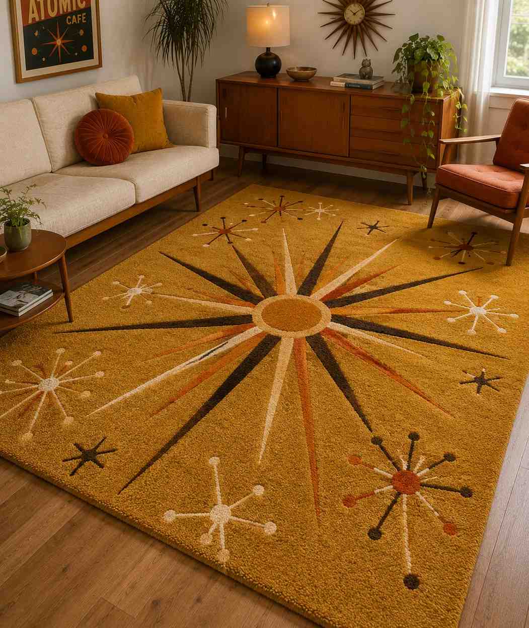 Mid-Century Modern Rug – Retro Starburst Area Rug in Atomic Mustard Yellow for Living Room & Bedroom
