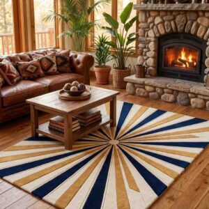 Mid-century modern sunburst area rug featuring radiating stripes in navy blue, mustard gold, and cream in a cozy living room with a stone fireplace.