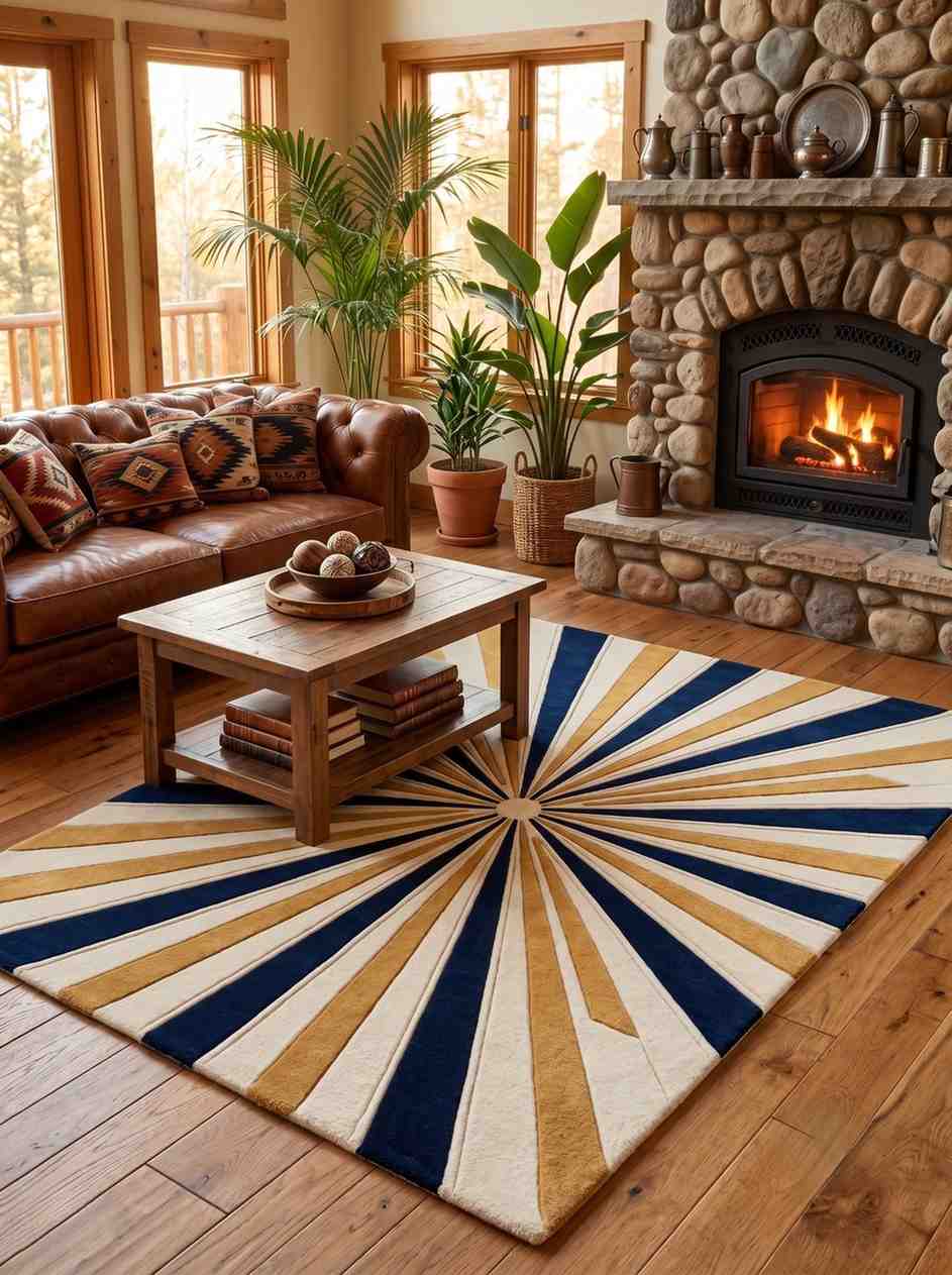 Mid-century modern sunburst area rug featuring radiating stripes in navy blue, mustard gold, and cream in a cozy living room with a stone fireplace.