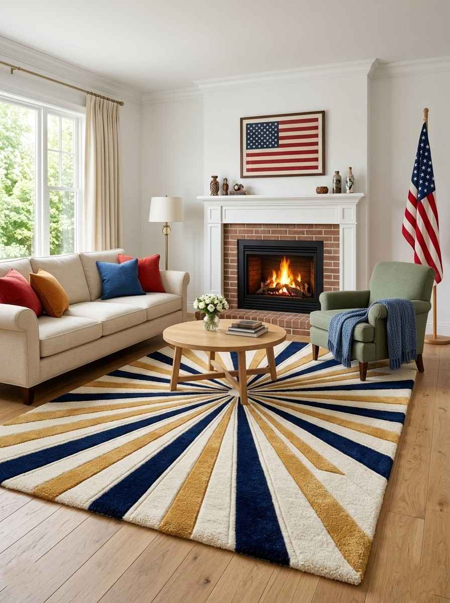 Mid-Century Sunburst Area Rug – Navy, Gold & Cream - Image 3